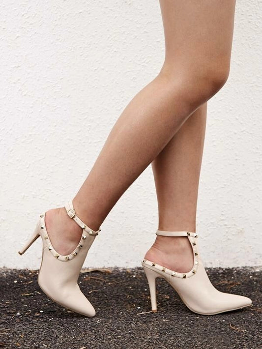 CM-SHS009392 Women Elegant Seoul Style Open Back Studded Ankle Strap Heels - Beige