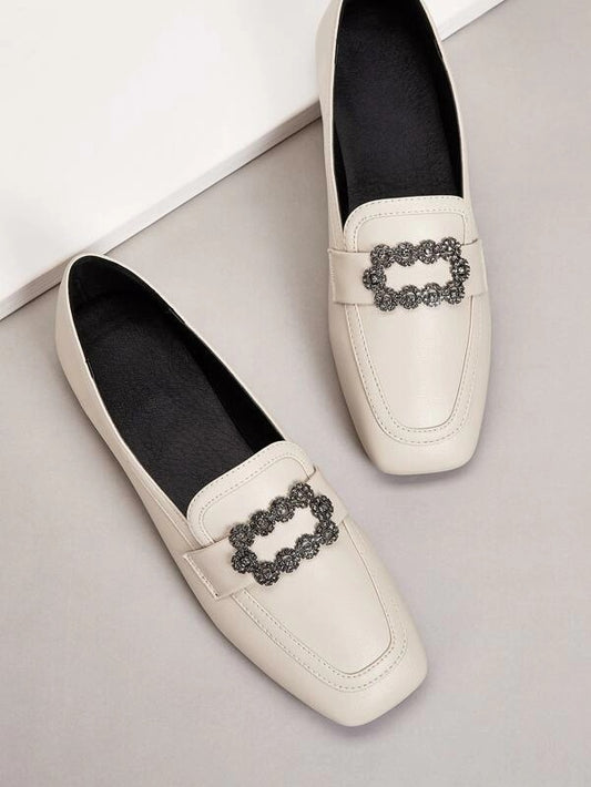 CM-SHS009634 Women Elegant Seoul Style Rhinestone And Metal Front Loafers - Beige