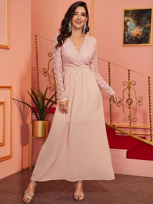 CM-DS010604 Women Elegant Seoul Style Surplice V-Neck Contrast Lace A-Line Long Dress - Pink