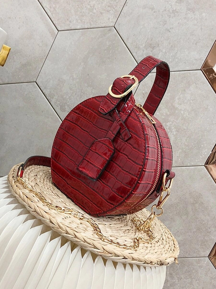 CM-BGS718332 Women Trendy Seoul Style Croc Pattern Round Chain Bag - Wine Red