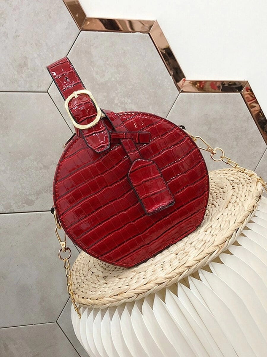 CM-BGS718332 Women Trendy Seoul Style Croc Pattern Round Chain Bag - Wine Red