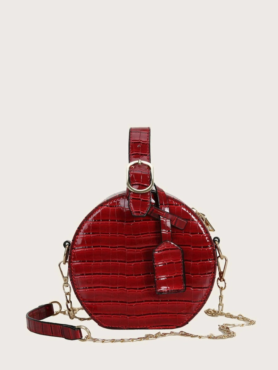 CM-BGS718332 Women Trendy Seoul Style Croc Pattern Round Chain Bag - Wine Red