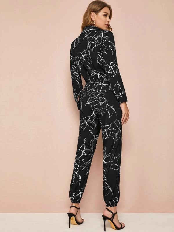 CM-JS924242 Women Trendy Seoul Style Long Sleeve Button Through Graphic Tie Front Jumpsuit - Black