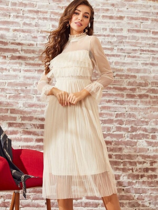 CM-DS008679 Women Elegant Seoul Style Frilled Neckline Pleated Sheer Mesh Dress - Beige