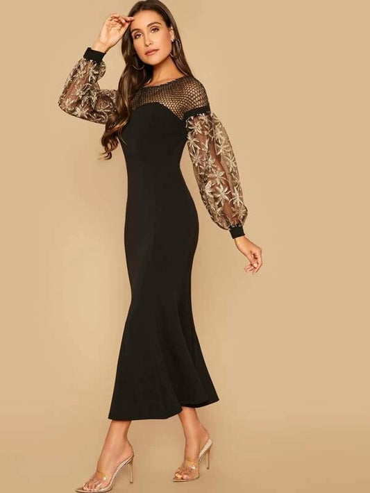CM-DS916534 Women Elegant Seoul Style Sheer Yoke Embroidered Mesh Sleeve Fishtail Hem Dress - Black