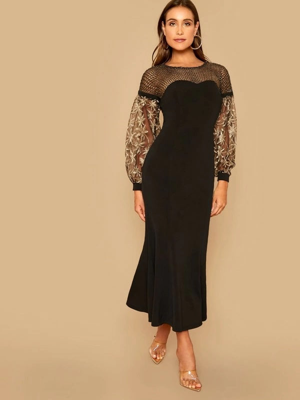 CM-DS916534 Women Elegant Seoul Style Sheer Yoke Embroidered Mesh Sleeve Fishtail Hem Dress - Black