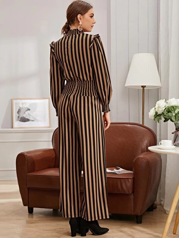 CM-JS009261 Women Elegant Seoul Style Long Sleeve Keyhole Neck Shirred Waist Striped Jumpsuit