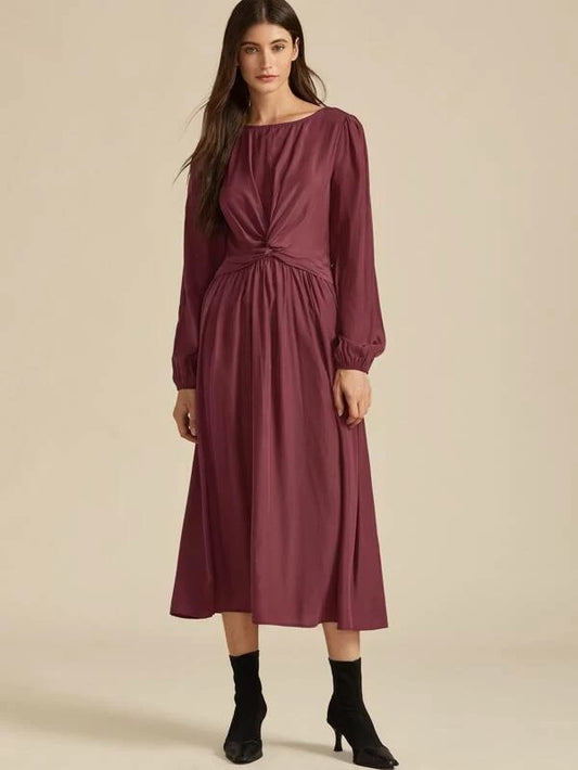 CM-DS007402 Women Casual Seoul Style Long Sleeve Twist Shirred Back A-Line Dress - Wine Red