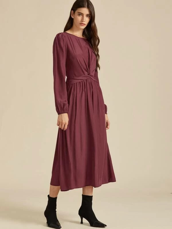 CM-DS007402 Women Casual Seoul Style Long Sleeve Twist Shirred Back A-Line Dress - Wine Red