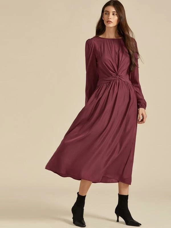 CM-DS007402 Women Casual Seoul Style Long Sleeve Twist Shirred Back A-Line Dress - Wine Red