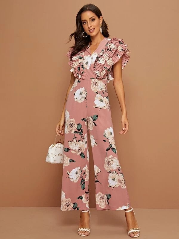 CM-JS007038 Women Bohemian Style Layered Pleated Trim Floral Print Wide Leg Jumpsuit - Pink