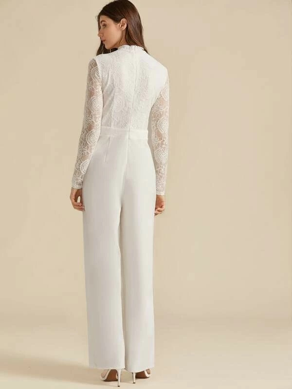 CM-JS007537 Women Elegant European Style Mock Neck Lace Bodice Palazzo Jumpsuit - White