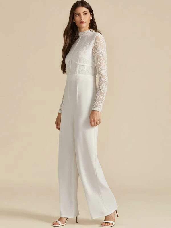 CM-JS007537 Women Elegant European Style Mock Neck Lace Bodice Palazzo Jumpsuit - White