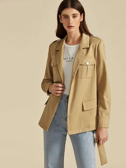 CM-CS007395 Women Casual Seoul Style Notch Collar Flap Pocket Front Self Belted Blazer - Khaki