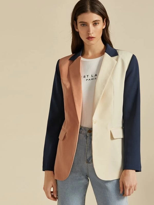 CM-CS009241 Women Elegant Seoul Style Long Sleeve Notch Collar Colorblock Single Button Blazer
