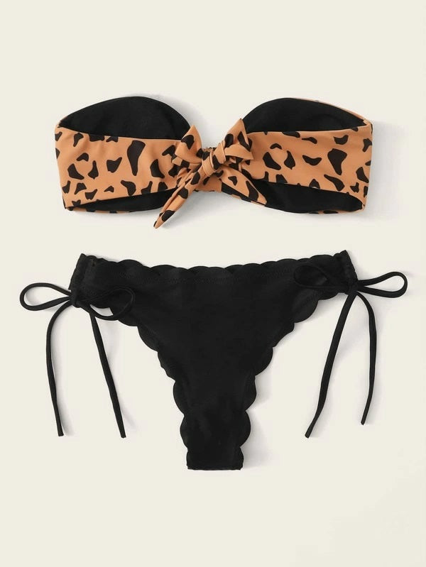 CM-SWS012332 Women Trendy Seoul Style Leopard Knot Front Bandeau Bikini Set