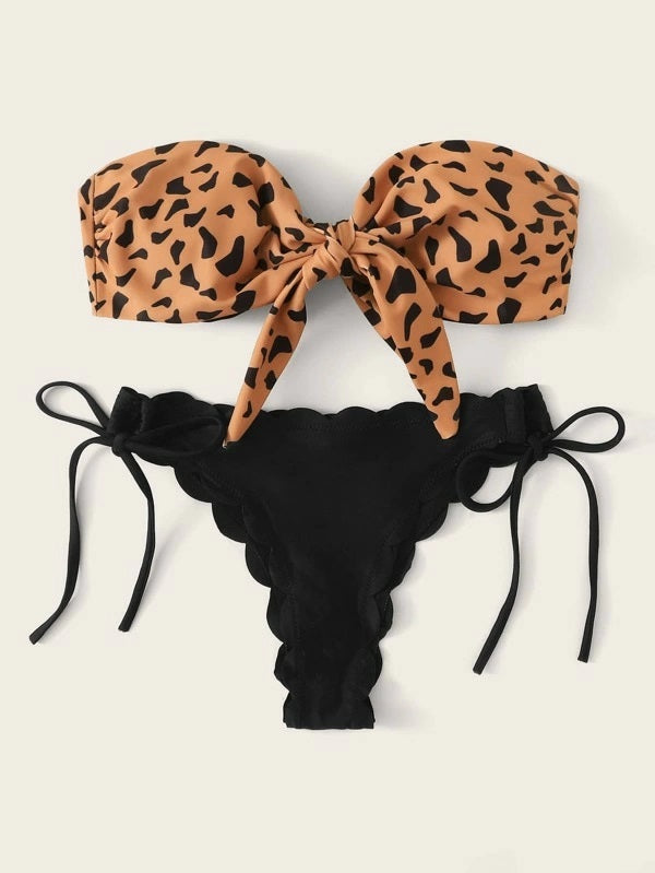 CM-SWS012332 Women Trendy Seoul Style Leopard Knot Front Bandeau Bikini Set