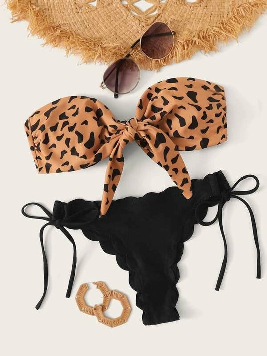 CM-SWS012332 Women Trendy Seoul Style Leopard Knot Front Bandeau Bikini Set