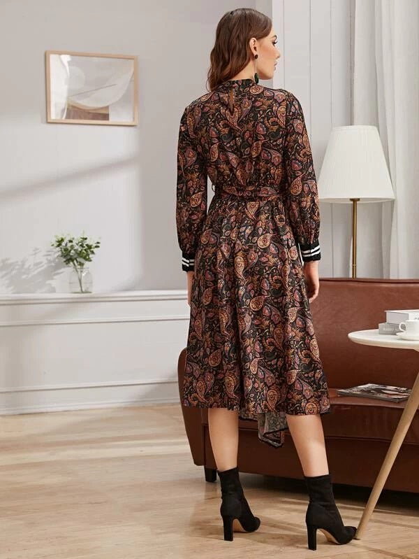 CM-DS924273 Women Casual Bohemian Style Long Sleeve Striped Print Belted Dress