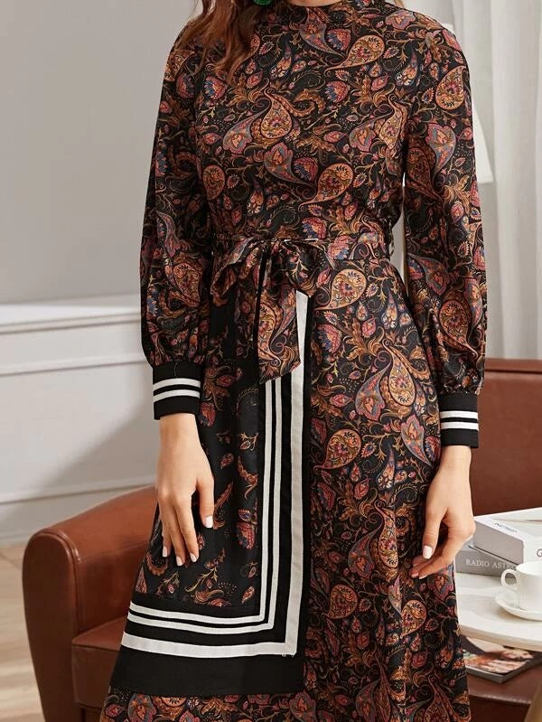 CM-DS924273 Women Casual Bohemian Style Long Sleeve Striped Print Belted Dress