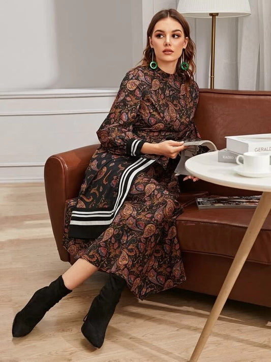 CM-DS924273 Women Casual Bohemian Style Long Sleeve Striped Print Belted Dress