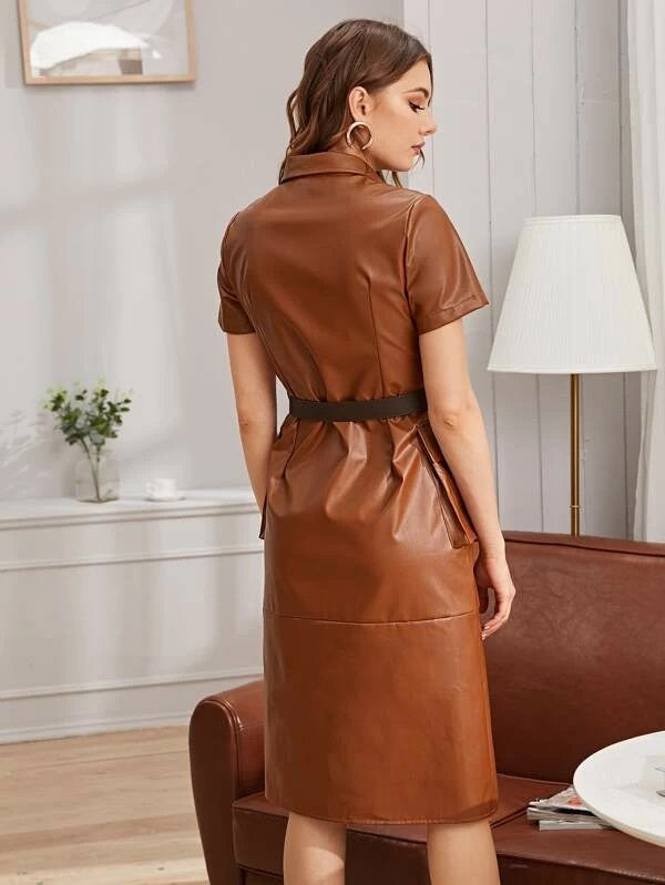 CM-DS930735 Women Elegant European Style Double Pocket Belted PU Shirt Dress - Camel