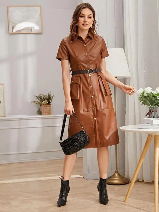 CM-DS930735 Women Elegant European Style Double Pocket Belted PU Shirt Dress - Camel
