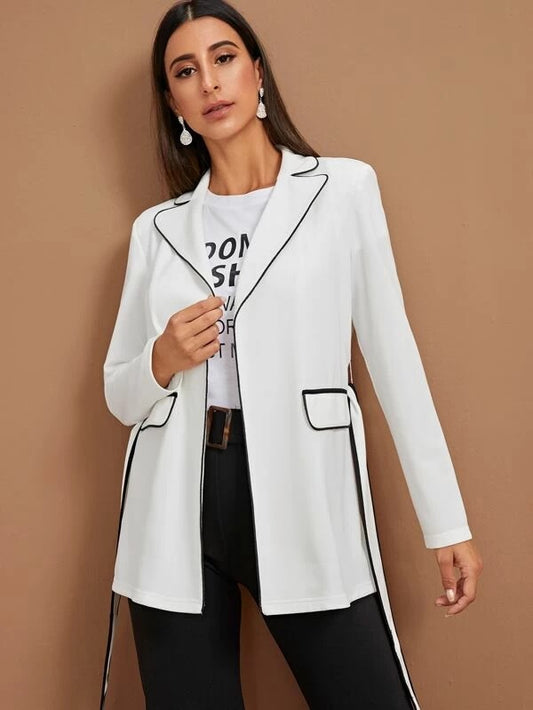 CM-CS012725 Women Casual Seoul Style Long Sleeve Contrast Piping Belted Blazer - White