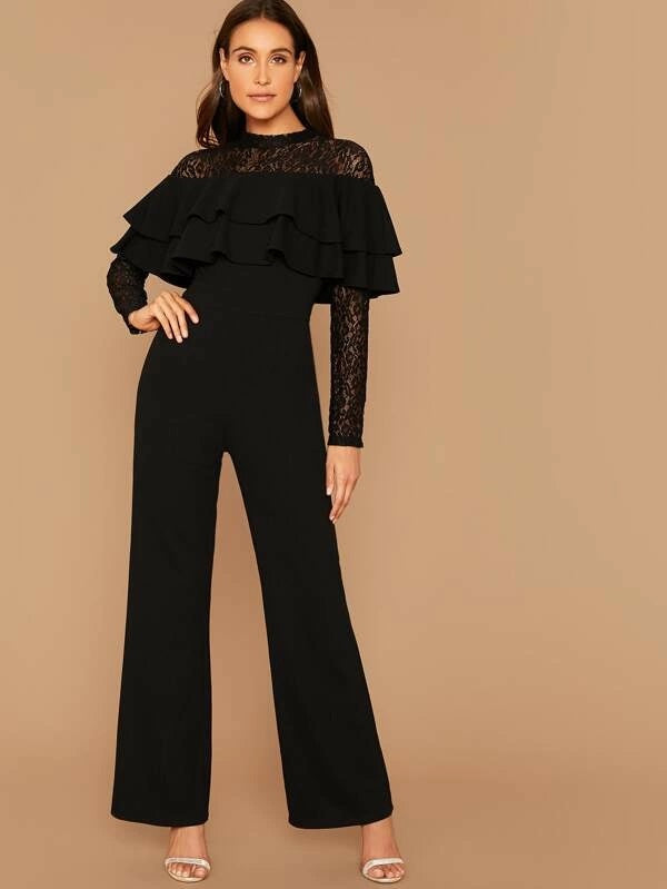 CM-JS925535 Women Elegant Seoul Style Long Sleeve Lace Layered Flounce Wide Leg Jumpsuit - Black