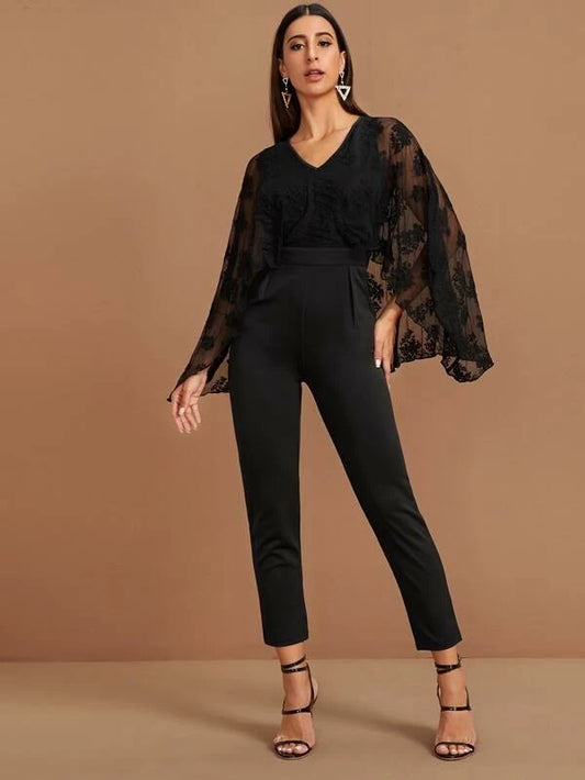 CM-JS011521 Women Elegant Seoul Style V-Neck Floral Embroidery Mesh Cape Jumpsuit - Black