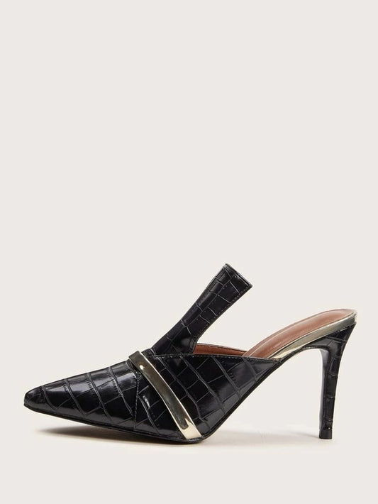 CM-SHS916053 Women Elegant Seoul Style Croc Embossed Metal Decor Stiletto Heels - Black