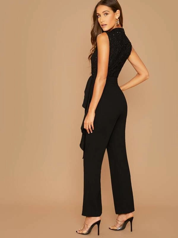 CM-JS926569 Women Elegant Seoul Style Sleeveless Sequin Lace Bodice Ruffle Trim Jumpsuit - Black