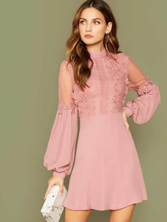 CM-DS911331 Women Elegant Seoul Style Guipure Lace Detail Mesh Insert Lantern Sleeve Dress - Pink