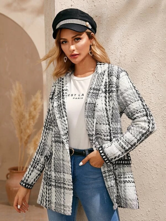 CM-CS016383 Women Elegant Seoul Style Long Sleeve Plaid Print Shawl Collar Tweed Blazer - White