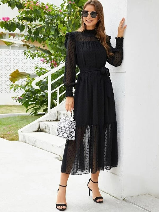 CM-DS016671 Women Elegant Seoul Style Long Sleeve Shirred Cuff Ruffle Trim Belted Dress - Black