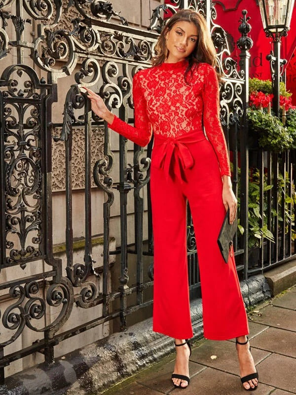 CM-JS911897 Women Elegant European Style Lace Bodice Wide Leg Belted Jumpsuit - Red