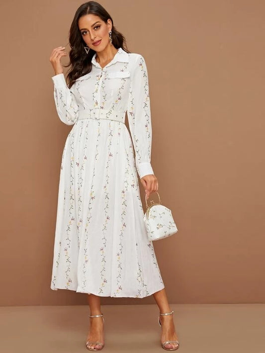 CM-DS016796 Women Elegant Seoul Style Long Sleeve Floral Print Belted Shirt Dress - White