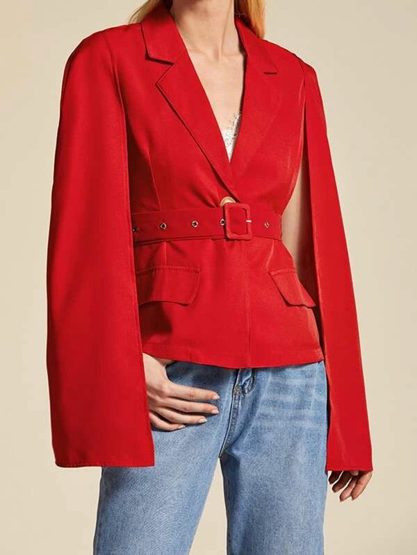 CM-CS930592 Women Elegant European Style Lapel Collar Belted Single Button Cape Blazer - Red