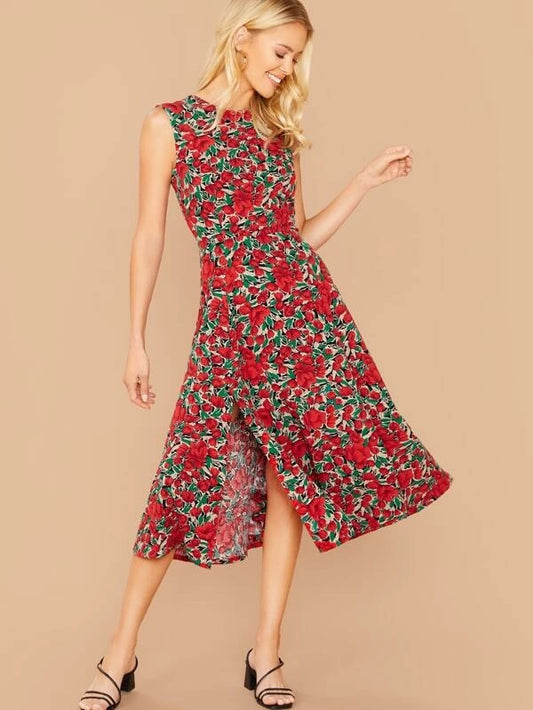 CM-DS906983 Women Trendy Seoul Style Floral Print Slit Hem Backless Sleeveless Dress