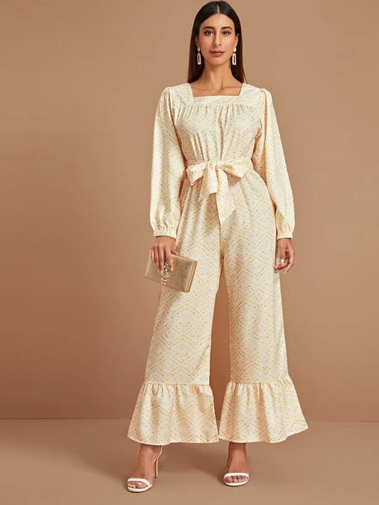 CM-JS017072 Women Casual Seoul Style Square Neck All Over Print Belted Jumpsuit - Beige