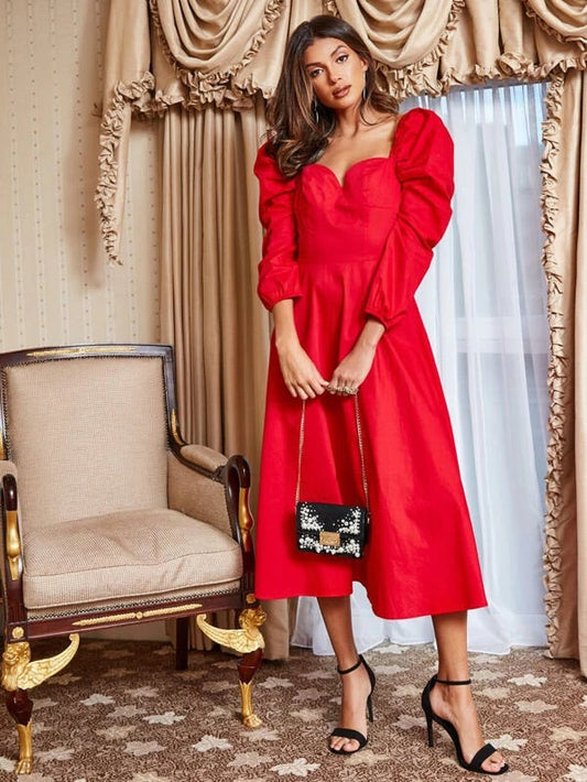 CM-DS911521 Women Elegant Seoul Style Sweetheart Neck Puff Sleeve Flared Long Dress - Red