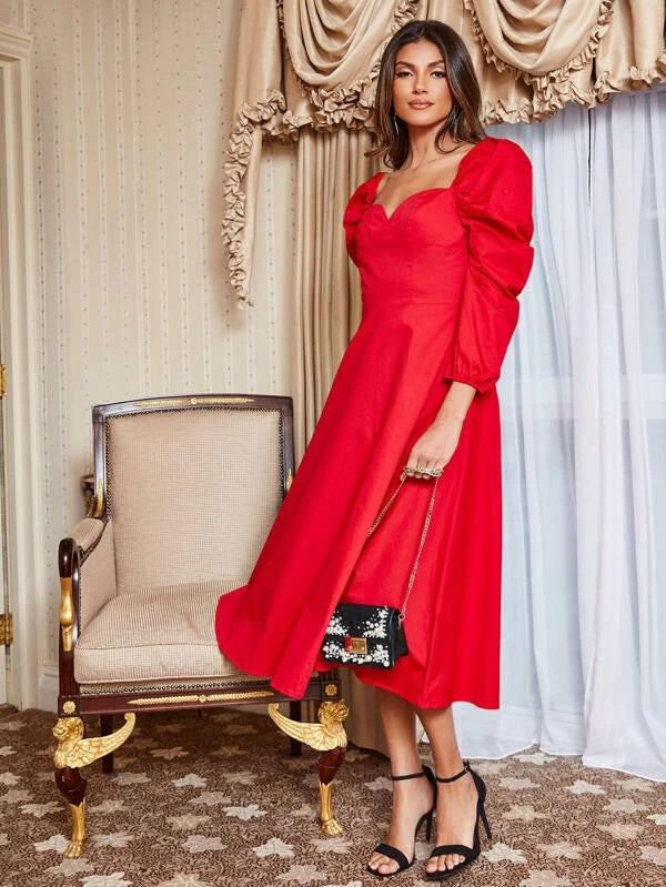 CM-DS911521 Women Elegant Seoul Style Sweetheart Neck Puff Sleeve Flared Long Dress - Red
