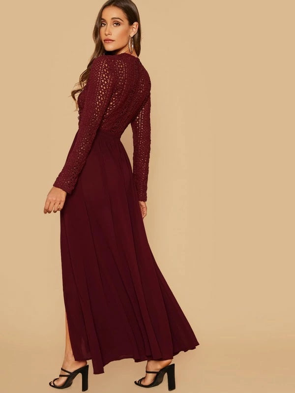 CM-DS923843 Women Elegant Seoul Style Long Sleeve Guipure Lace Bodice Split Dress - Wine Red