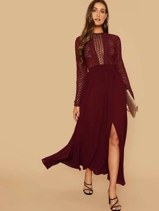 CM-DS923843 Women Elegant Seoul Style Long Sleeve Guipure Lace Bodice Split Dress - Wine Red
