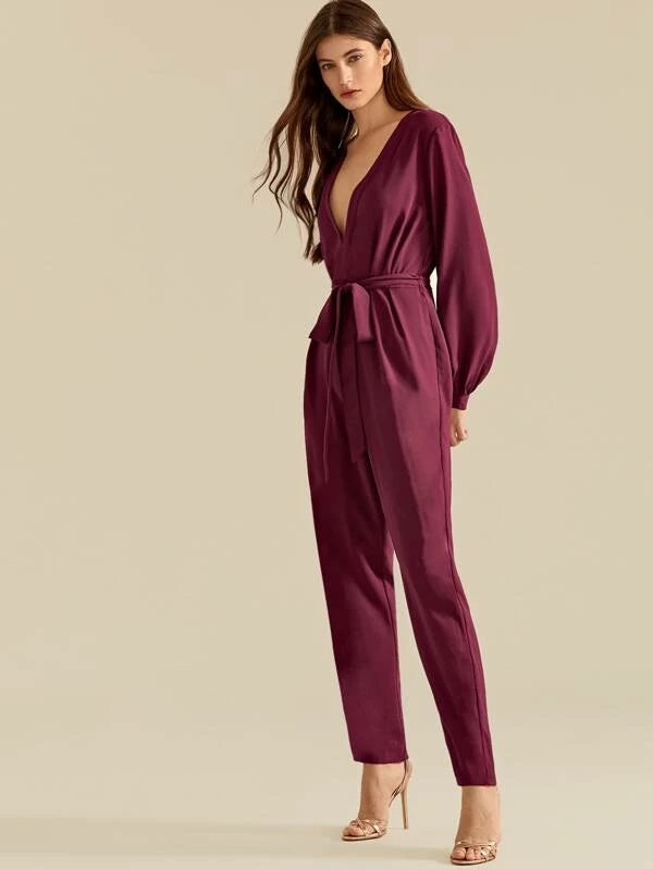 CM-JS925337 Women Casual Seoul Style Plunge Neck Cut-Out Back Belted Jumpsuit - Wine Red