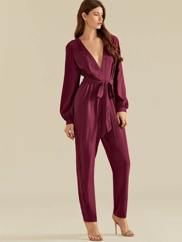 CM-JS925337 Women Casual Seoul Style Plunge Neck Cut-Out Back Belted Jumpsuit - Wine Red