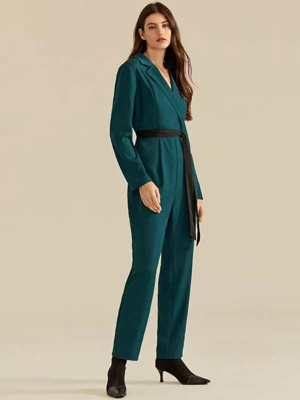 CM-JS008877 Women Elegant Seoul Style Long Sleeve Notched Collar Belted Shirt Jumpsuit - Green