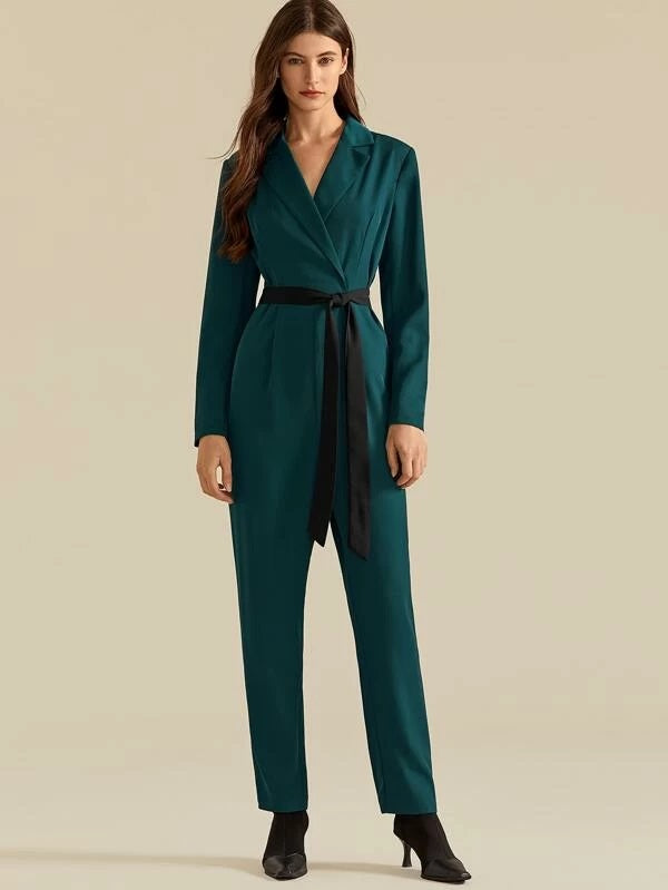 CM-JS008877 Women Elegant Seoul Style Long Sleeve Notched Collar Belted Shirt Jumpsuit - Green