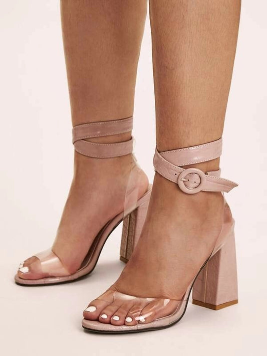CM-SHS924952 Women Elegant Seoul Style Croc Embossed Ankle Strap Chunky Heels - Pink