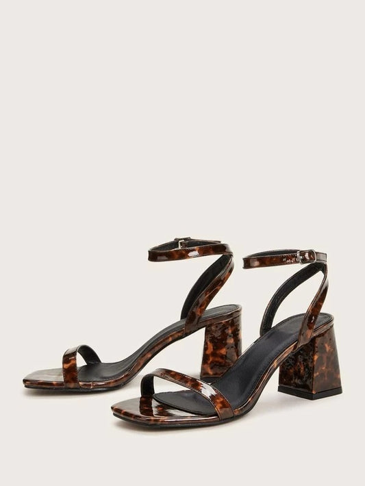 CM-SHS018231 Women Elegant Seoul Style Graphic Ankle Strap Chunky Heels - Brown